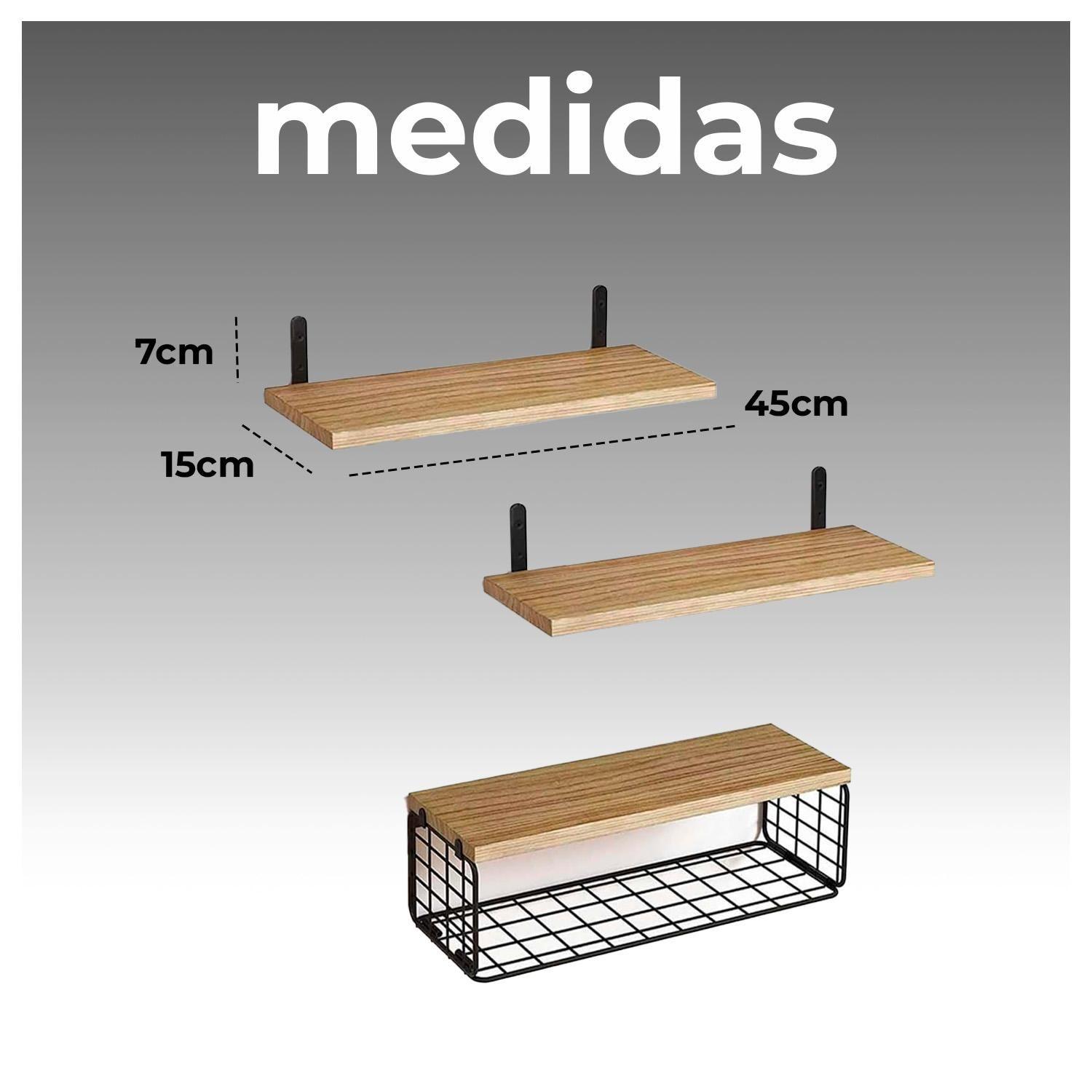 Repisas flotantes de madera Set de 3 niveles con canasta metálica-5