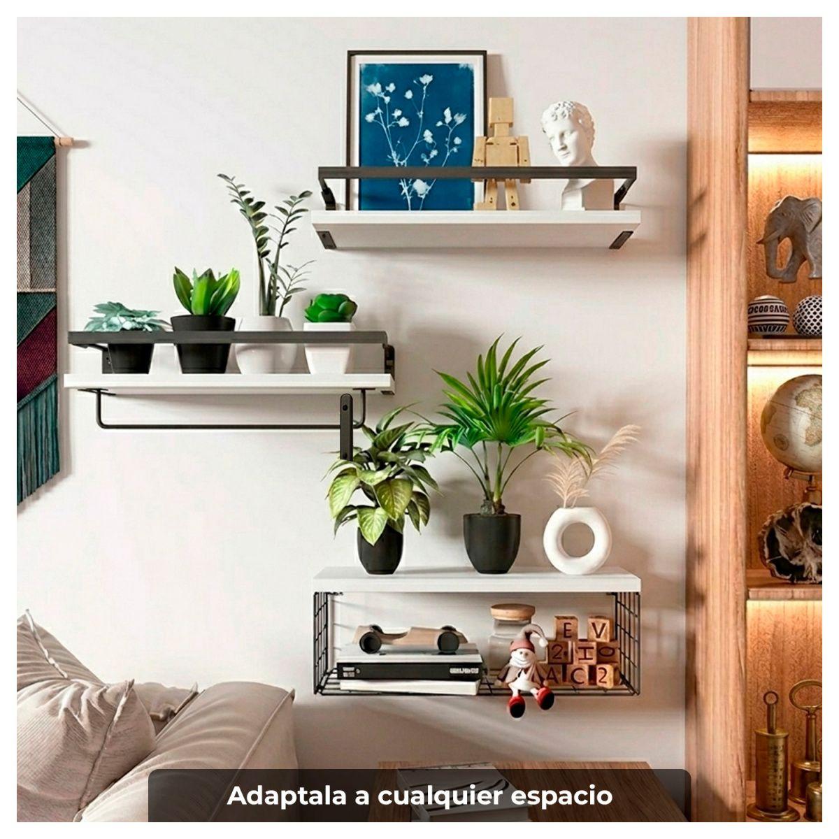 Repisas flotantes de madera Set de 3 niveles con canasta metálica-2