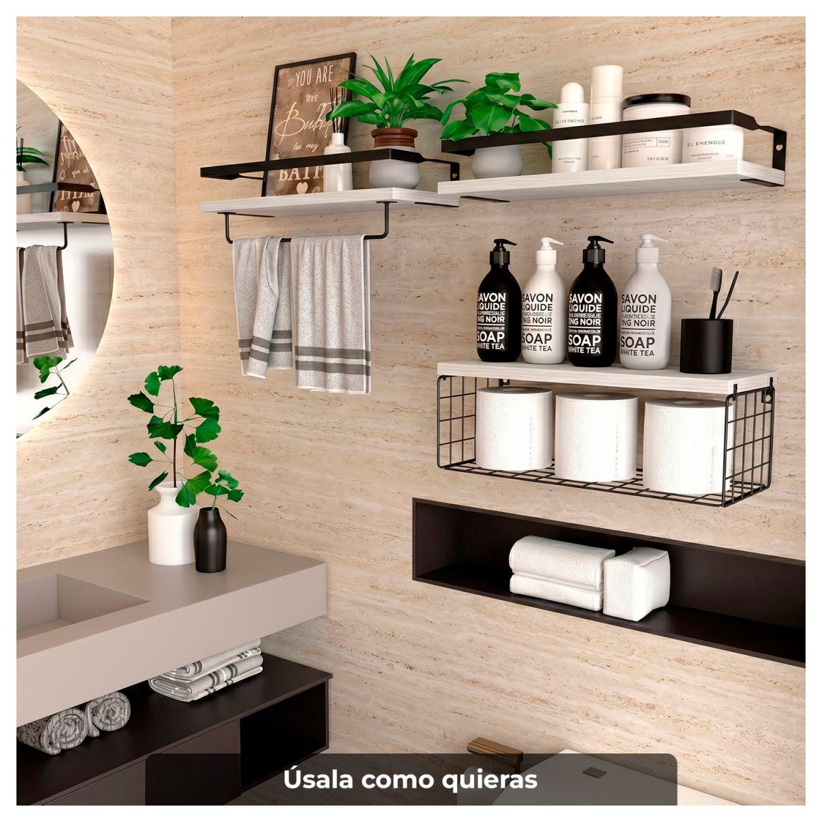 Repisas flotantes de madera Set de 3 niveles con canasta metálica-3