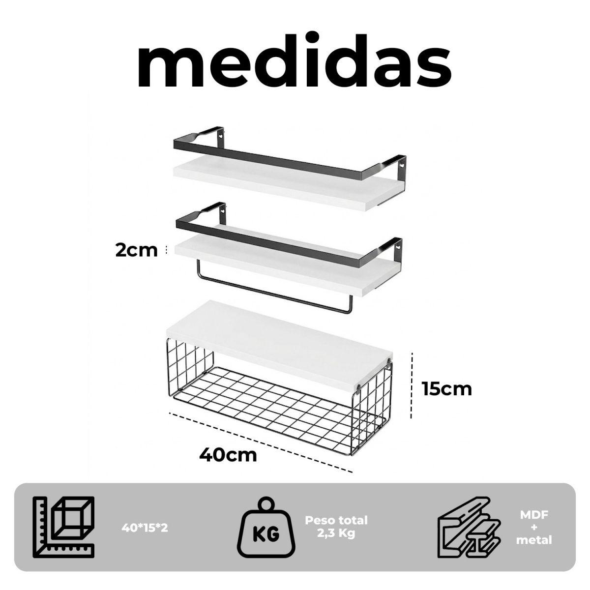 Repisas flotantes de madera Set de 3 niveles con canasta metálica-5