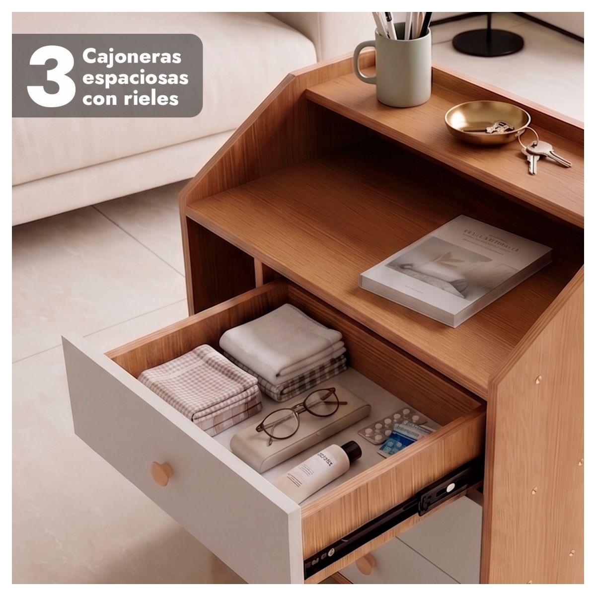 Velador de Madera con 3 Cajones y Repisas 61x50x30 cm-3