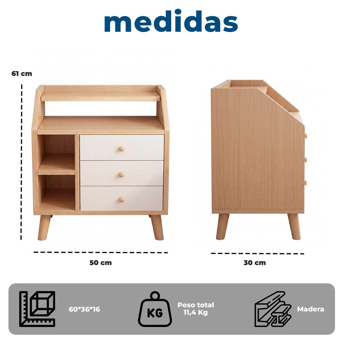 Velador de Madera con 3 Cajones y Repisas 61x50x30 cm-7