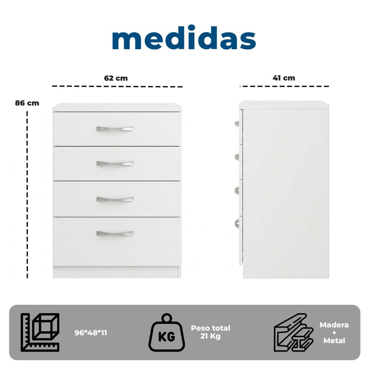 Cómoda Blanca 4 Cajones Mueble Organizador Dormitorio-7