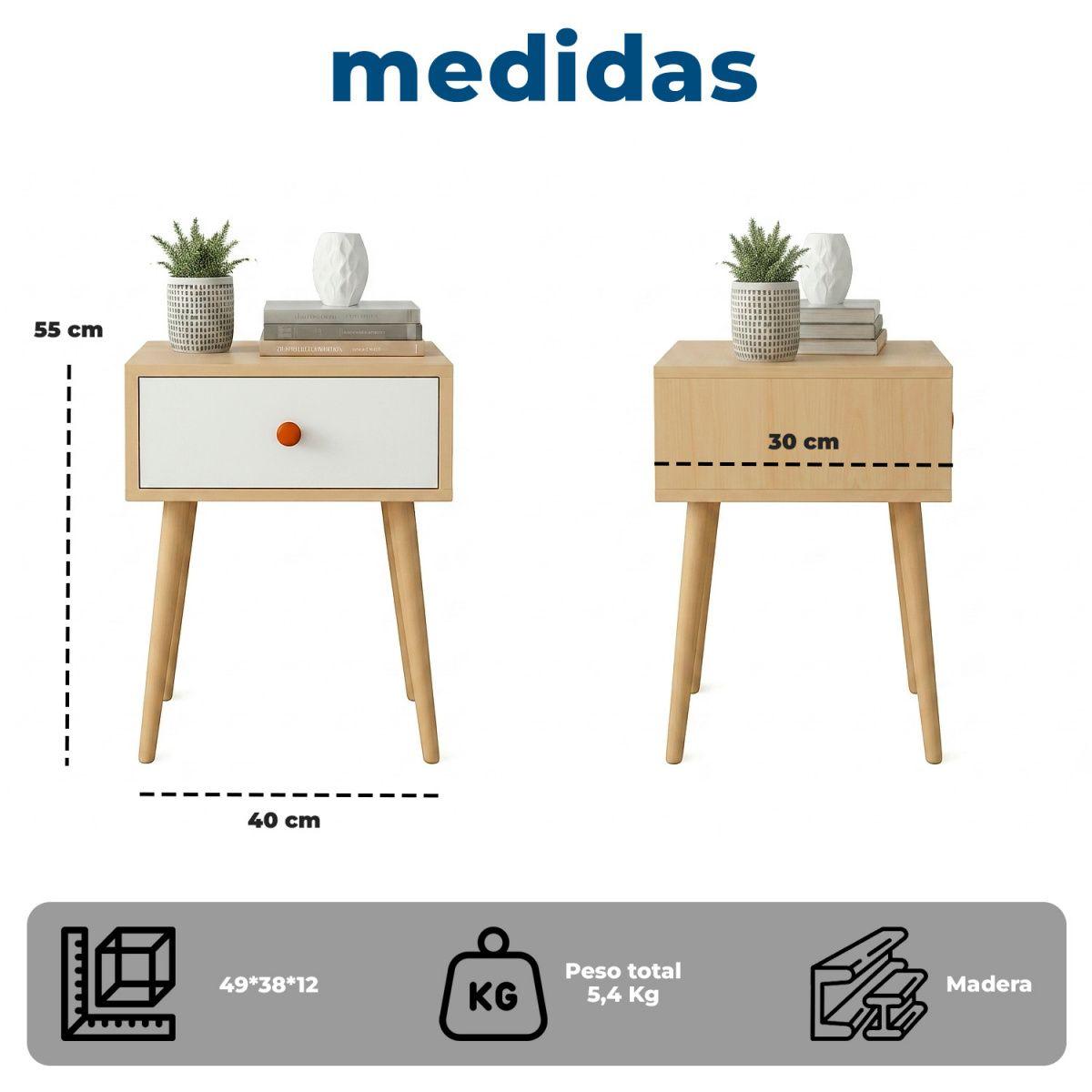 Velador de Madera con 1 Cajón y Patas Altas 55x40x30 cm-7