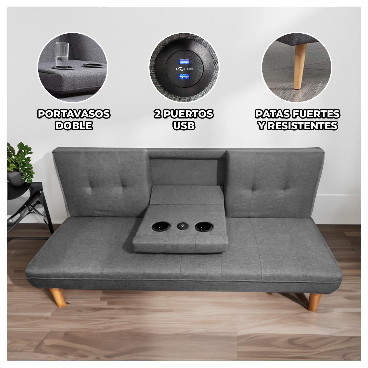 Futón Sofá Cama Reclinable Gris con Puerto Usb y Porta Vasos-1
