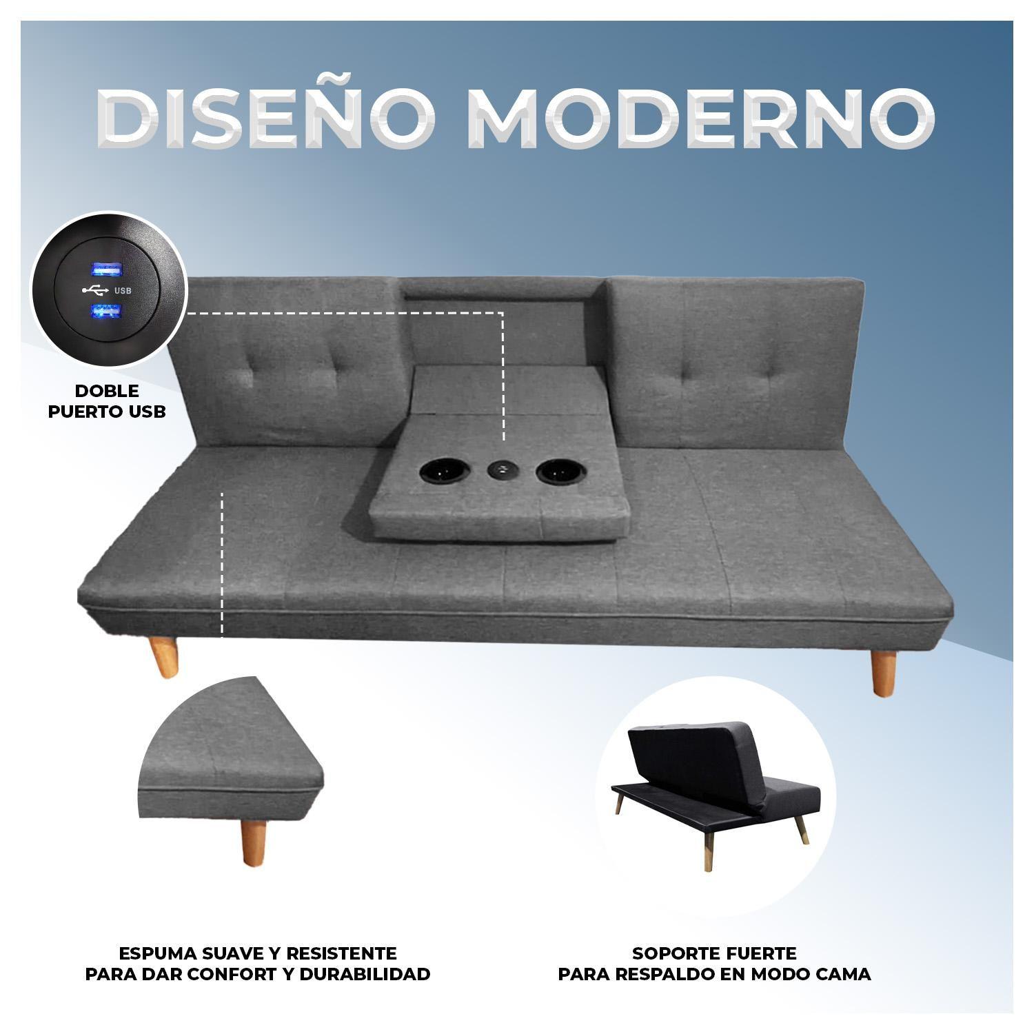 Futón Sofá Cama Reclinable Gris con Puerto Usb y Porta Vasos-3
