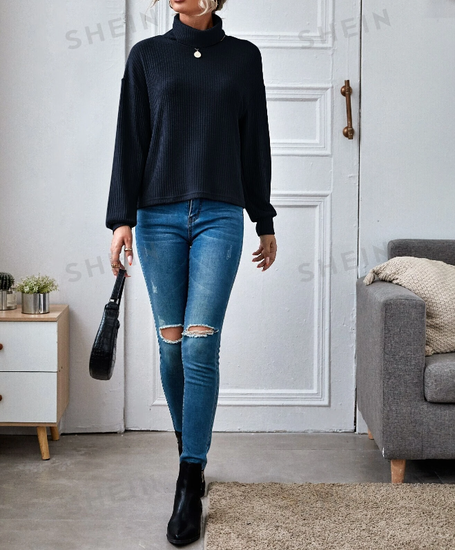 🔵 Top Tejido de Canalé con Cuello Embudo - Talla L-4