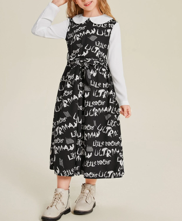 Vestido Casual de Niña con Cinturón y Estampado Integral-1