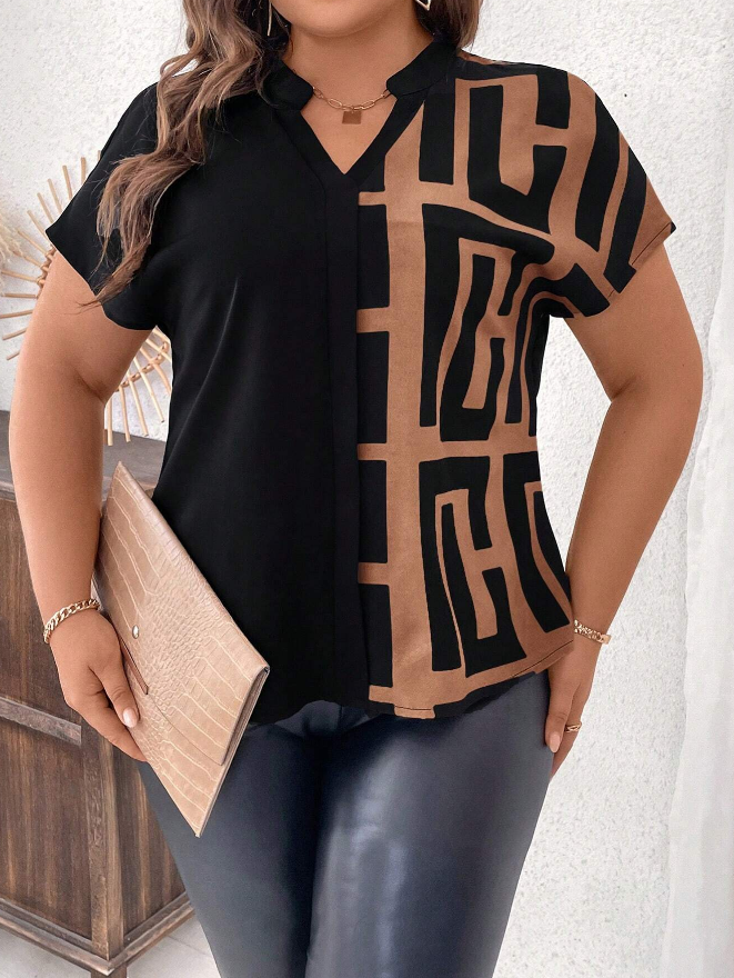Camisa de Manga Corta Cuello Escotado y Estampado Geométrico - Talla 1XL-4