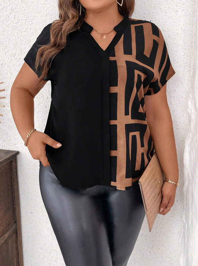Camisa de Manga Corta Cuello Escotado y Estampado Geométrico - Talla 1XL-5