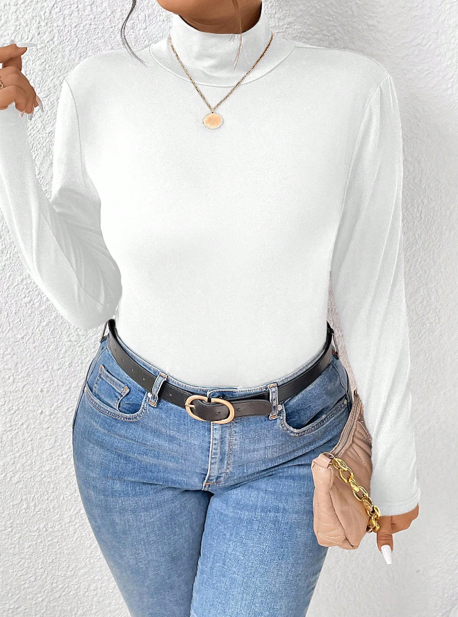 Camiseta de Manga Larga Ajustada con Cuello de Pie de Unicolor - Talla XL-2