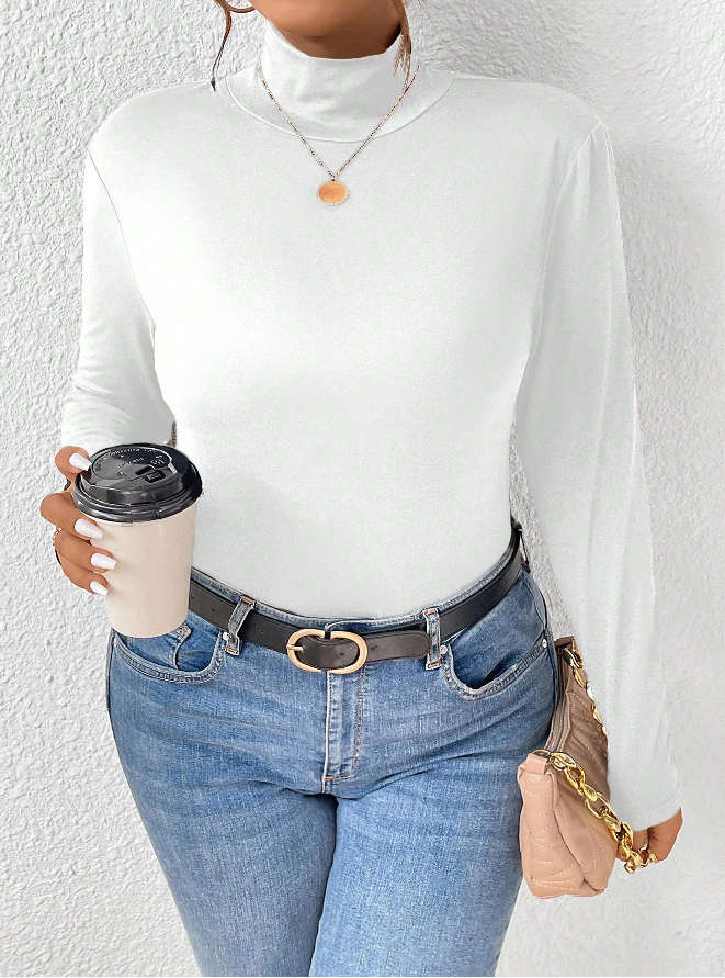 Camiseta de Manga Larga Ajustada con Cuello de Pie de Unicolor - Talla XL-6