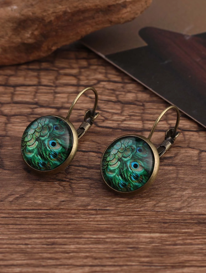 Pendientes Redondos de Estilo Vacacional - Estampado Pavo Real-2