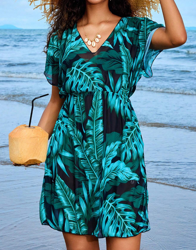 Vestido de Playa de Verano con Cintura Ceñida y Estampado de Plantas - Talla XXL-2