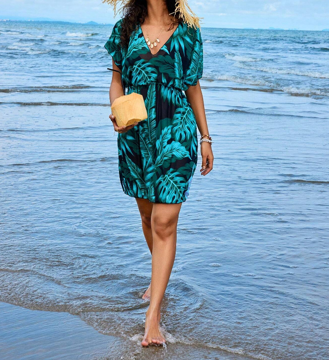 Vestido de Playa de Verano con Cintura Ceñida y Estampado de Plantas - Talla XXL-4