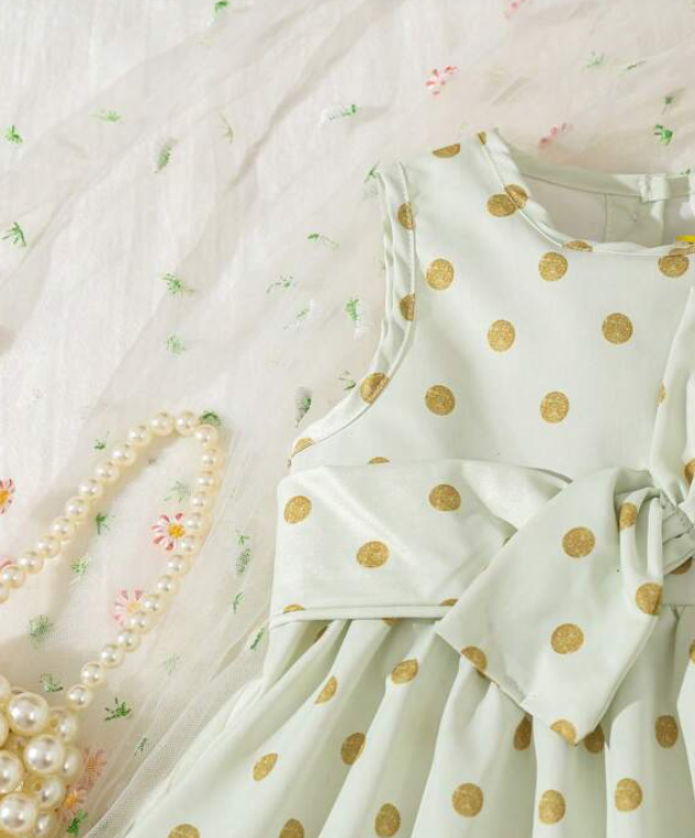 Vestido A-Line de Lunares con Cinturón para Niñas-2