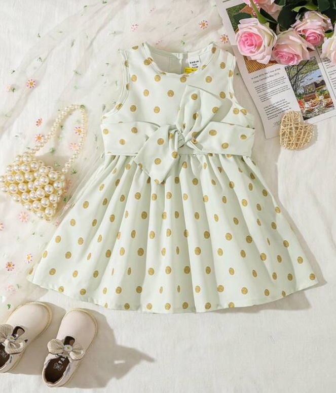 Vestido A-Line de Lunares con Cinturón para Niñas-3