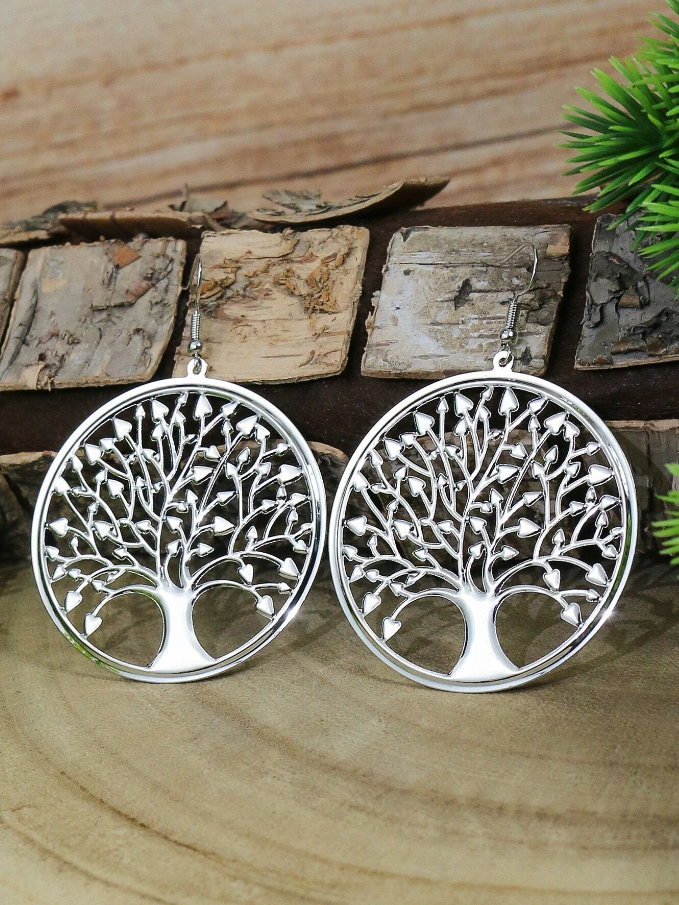Pendientes Plateados con Diseño de Árbol de la Vida-3