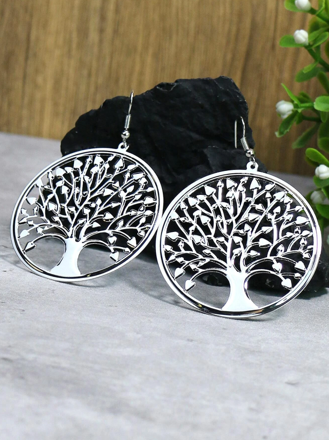 Pendientes Plateados con Diseño de Árbol de la Vida-4