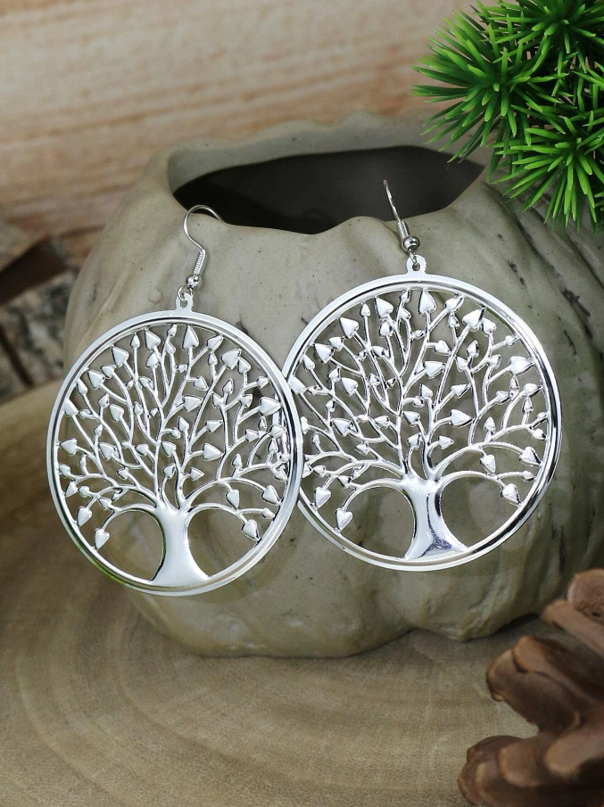 Pendientes Plateados con Diseño de Árbol de la Vida-5