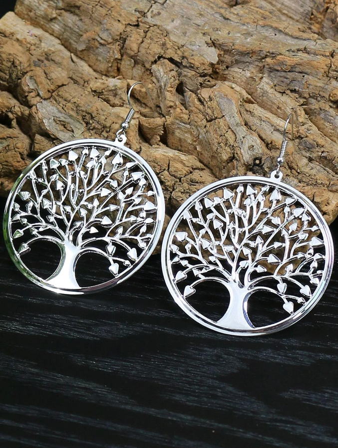 Pendientes Plateados con Diseño de Árbol de la Vida-6