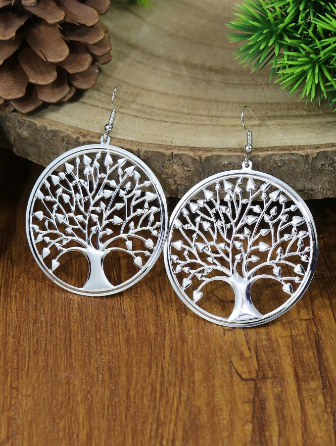 Pendientes Plateados con Diseño de Árbol de la Vida-7