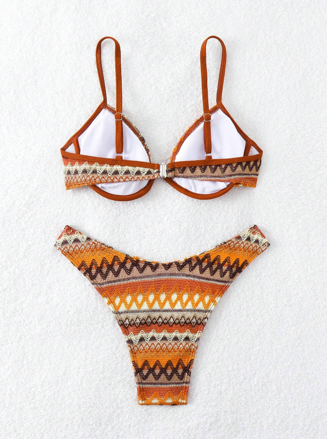 🧡 Conjunto de Bikini Bohemio con Corte al Azar y Soporte de Aro - Talla L-5