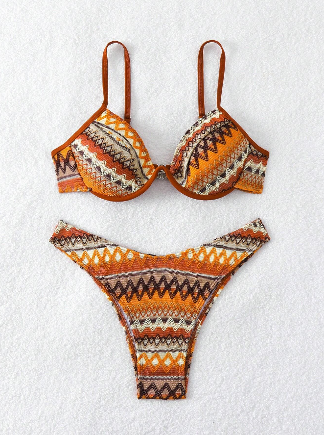 🧡 Conjunto de Bikini Bohemio con Corte al Azar y Soporte de Aro - Talla L-7