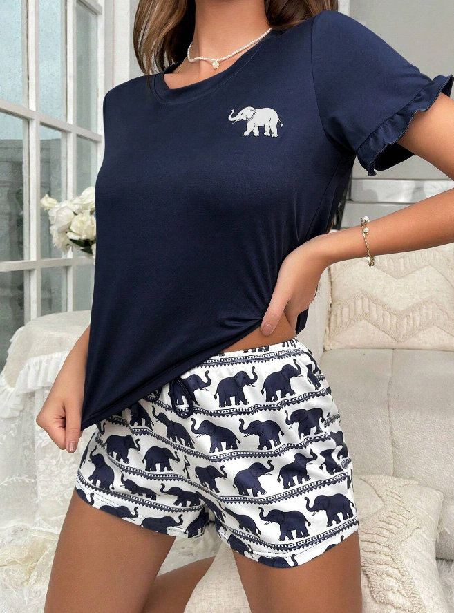 Conjunto de Pijama de Verano con Estampado de Elefante - Talla L-4