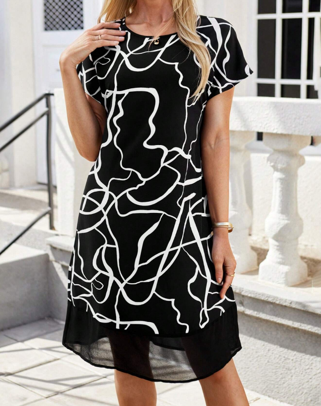 Vestido de Mujer con Cuello Redondo y Mangas Cortas con Estampado de Rayas Aleatorias - Talla XL-2