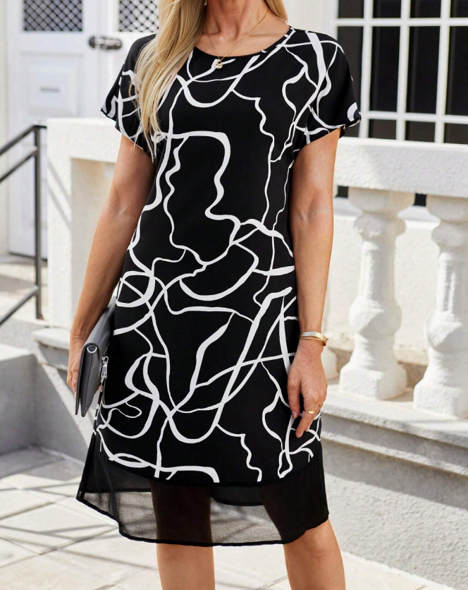 Vestido de Mujer con Cuello Redondo y Mangas Cortas con Estampado de Rayas Aleatorias - Talla XL-3