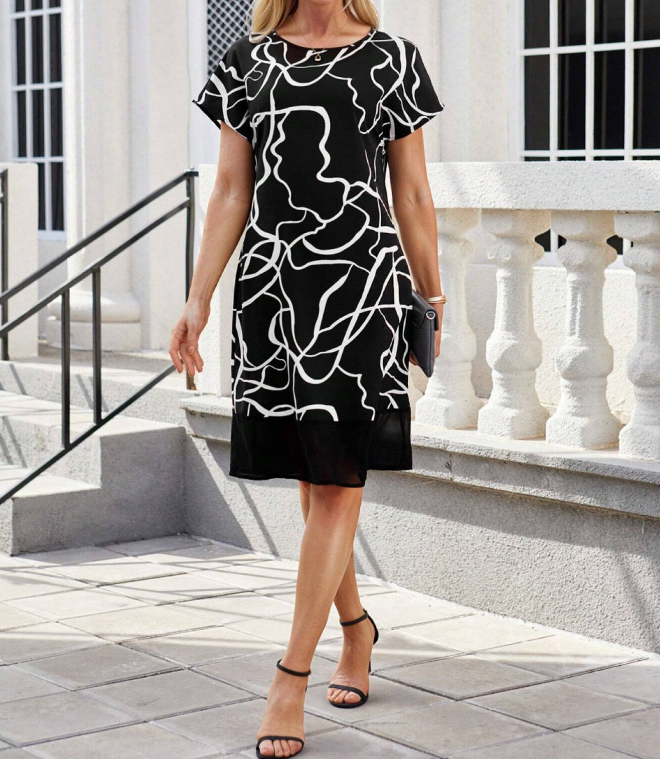 Vestido de Mujer con Cuello Redondo y Mangas Cortas con Estampado de Rayas Aleatorias - Talla XL-5