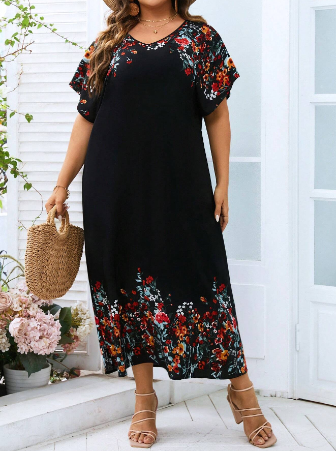 Vestido Túnico Floral de Manga Murciélago – Talla Grande -4