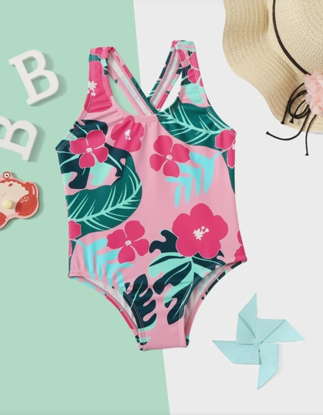 Traje de Baño de Una Pieza para Niñas - Estampado Floral Tropical-3