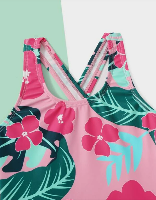 Traje de Baño de Una Pieza para Niñas - Estampado Floral Tropical-5