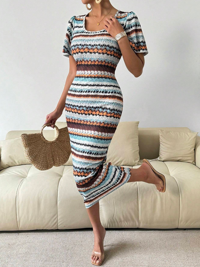 Vestido Largo de Punto Ajustado con Cuello Redondo y Estampado - Talla M-3