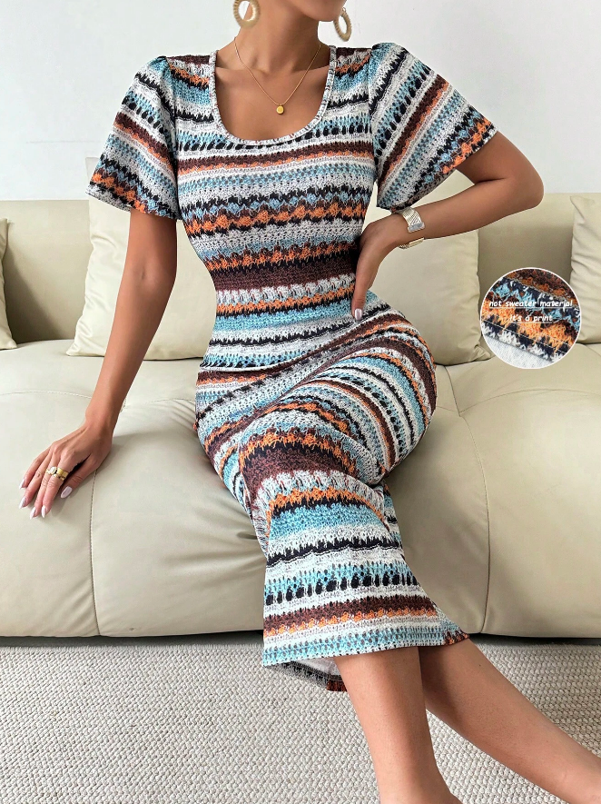 Vestido Largo de Punto Ajustado con Cuello Redondo y Estampado - Talla M-4