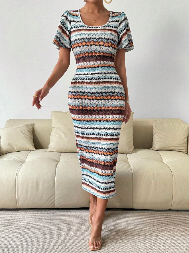 Vestido Largo de Punto Ajustado con Cuello Redondo y Estampado - Talla M-5