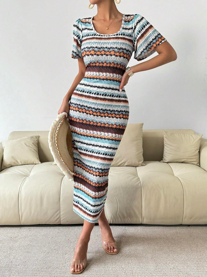 Vestido Largo de Punto Ajustado con Cuello Redondo y Estampado - Talla M-6