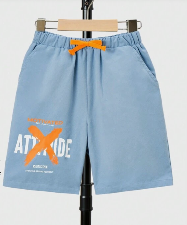 Shorts Casual Celeste con Estampado "Attitude" 🔵🧡 - Talla 10 años-3