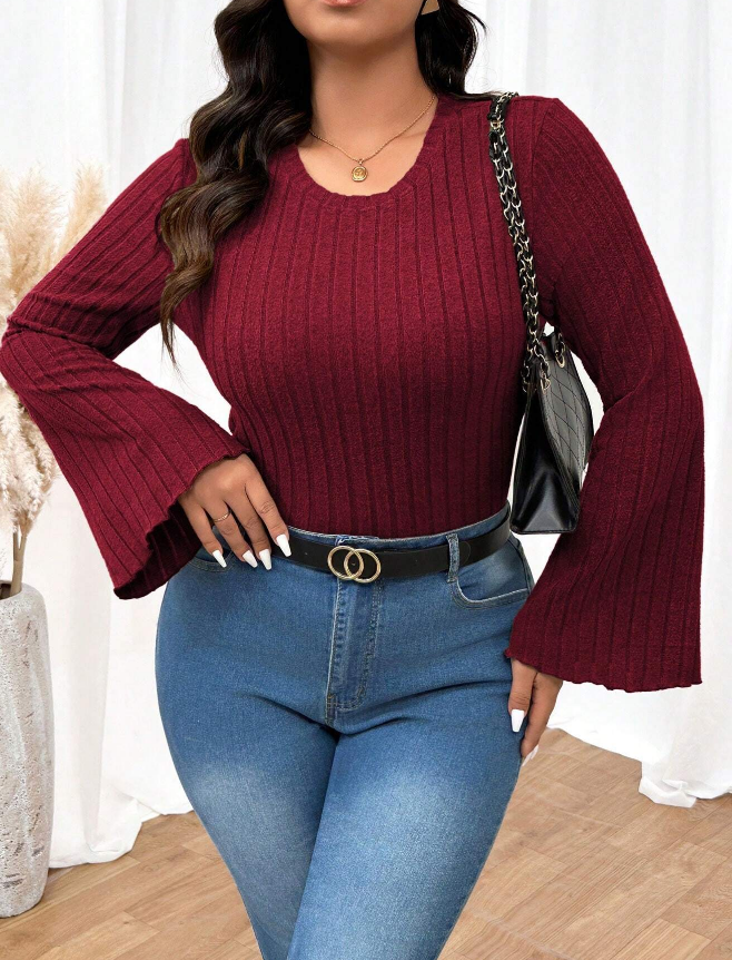 Camiseta Ajustada de Mangas Acampanadas y Textura Estriada - Talla 1XL-3