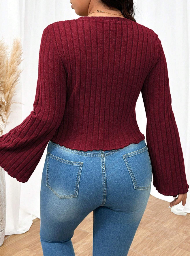 Camiseta Ajustada de Mangas Acampanadas y Textura Estriada - Talla 1XL-6