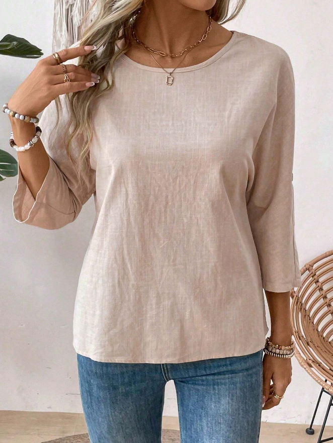 🍑 Blusa de Manga Media y Cuello Redondo Unicolor - Talla XL-5