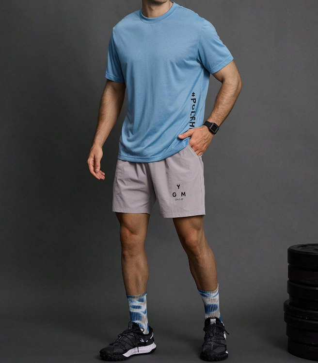 Camiseta Fitness Hombre – "#POLISHED" Celeste - Talla XL-3