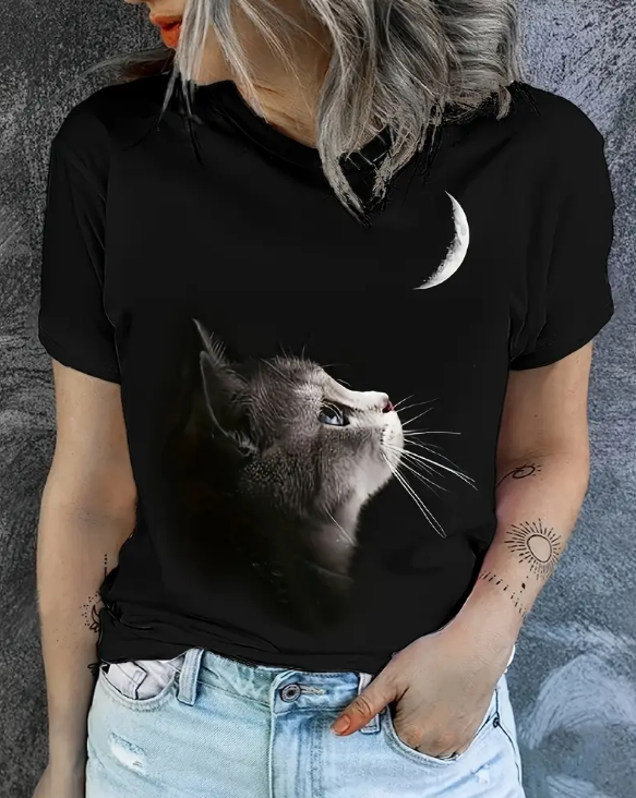 Camiseta Casual de Manga Corta con Estampado de Gato y Luna  - Talla XL-4