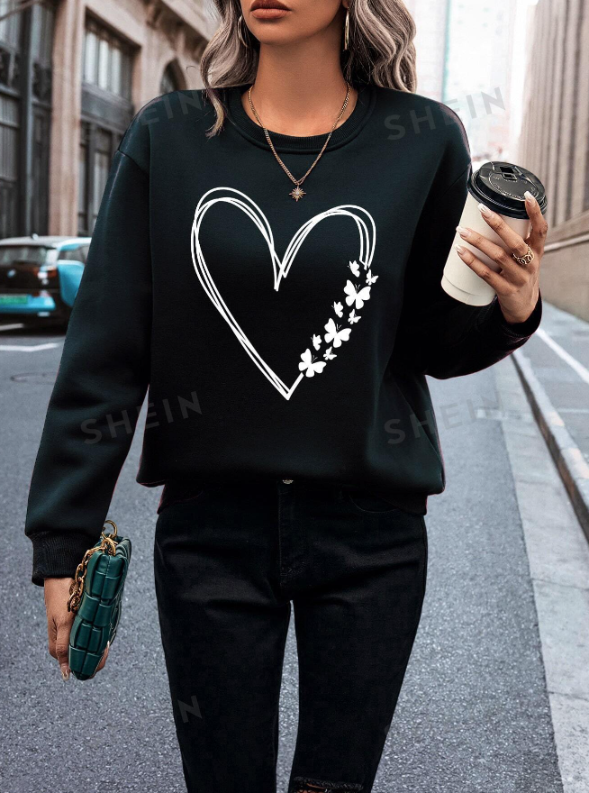 🖤 Sudadera de Cuello Redondo con Diseño de Corazón y Mariposas - Talla XL-2