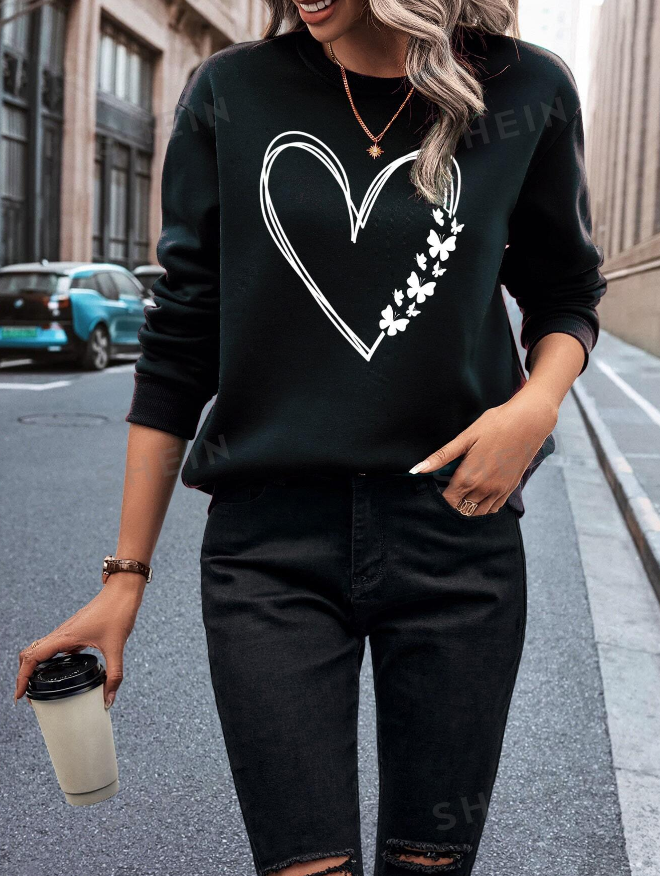 🖤 Sudadera de Cuello Redondo con Diseño de Corazón y Mariposas - Talla XL-3