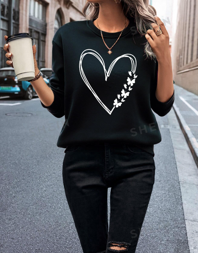 🖤 Sudadera de Cuello Redondo con Diseño de Corazón y Mariposas - Talla XL-4