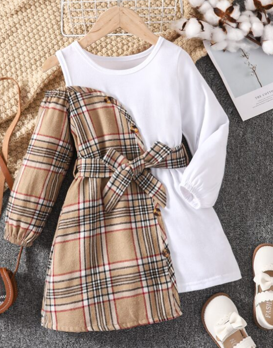 Vestido A Cuadros con Cinturón - Multicolor - Talla 6 años-4