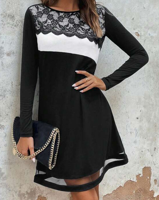 Vestido Corto Blanco y Negro con Detalles en Encaje y Gasa-2
